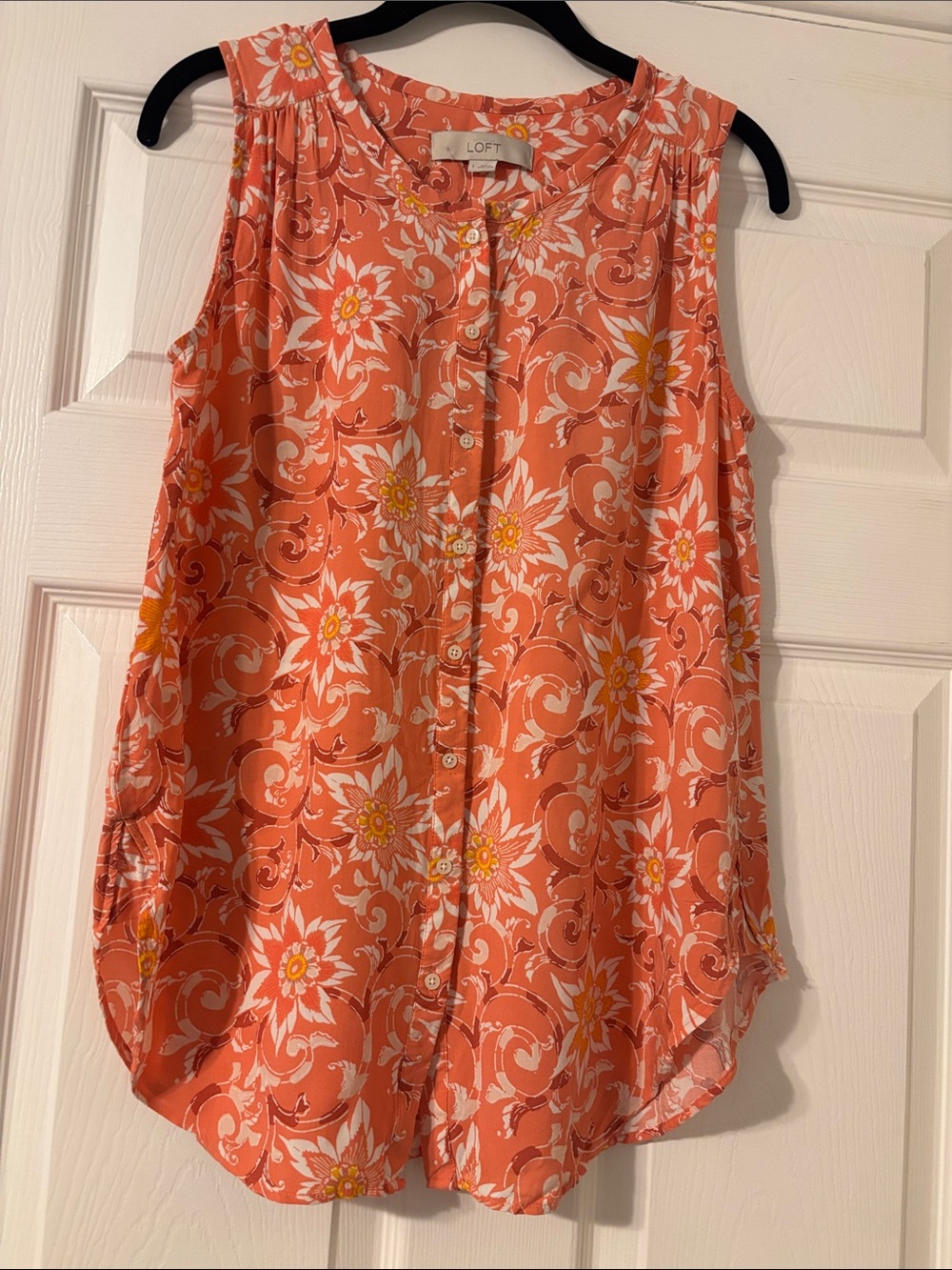 LOFT Coral-Orange Floral Button-Front Sleeveless Top